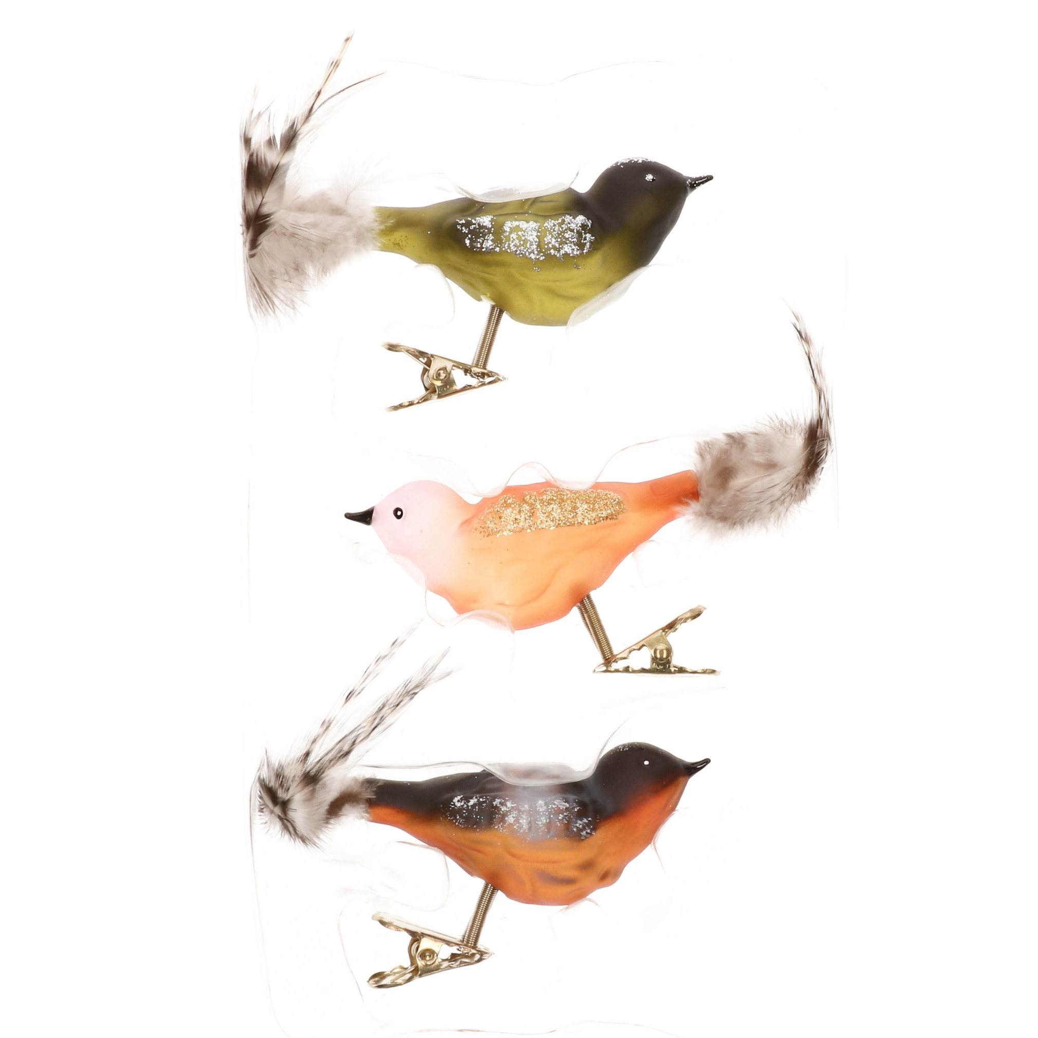 3x stuks luxe glazen decoratie vogels op clip gekleurd 11 cm