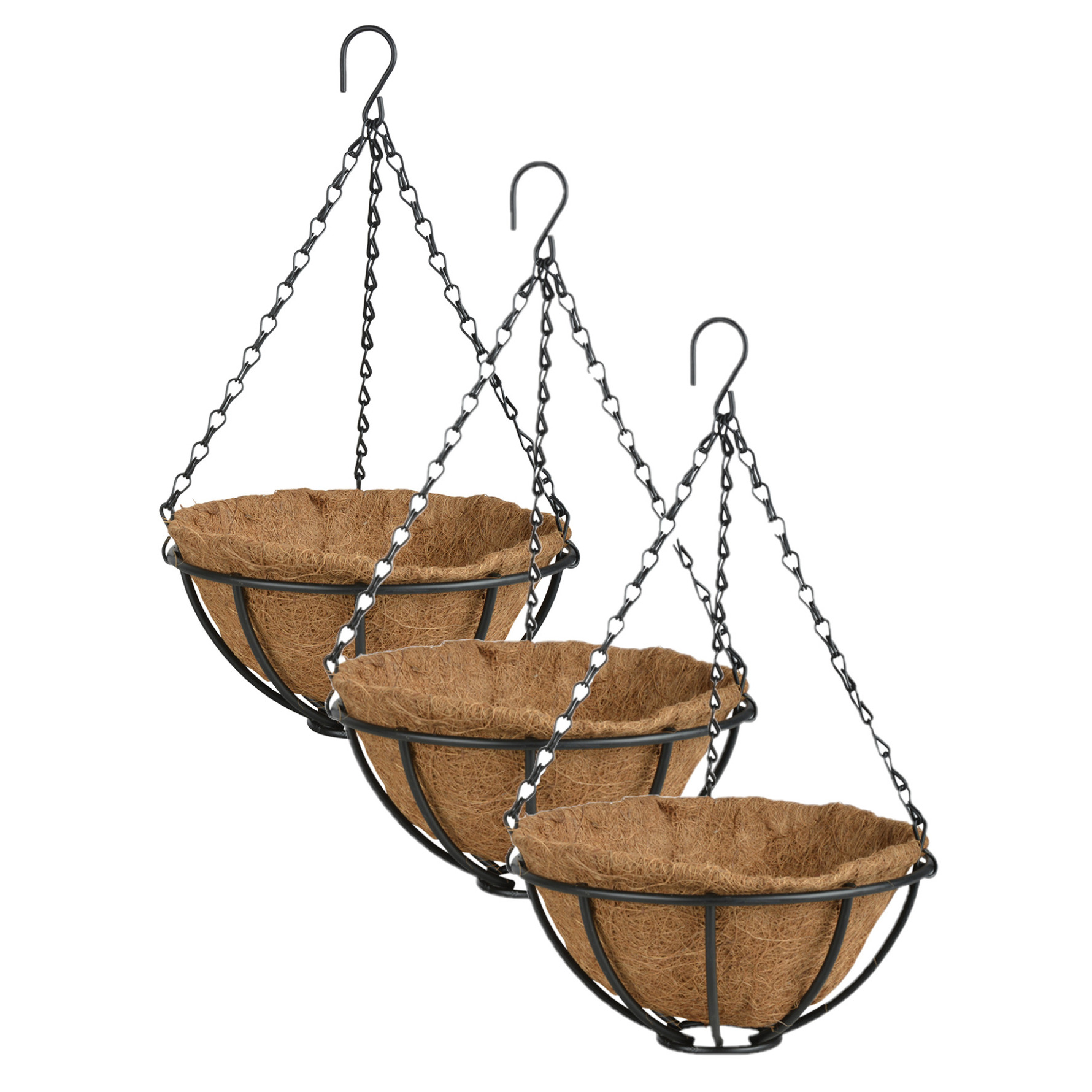 3x stuks metalen hanging baskets-plantenbakken met ketting 25 cm inclusief kokosinlegvel