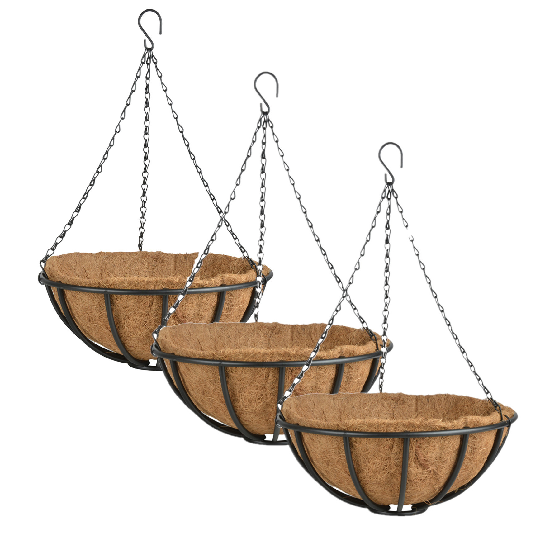 3x stuks metalen hanging baskets-plantenbakken met ketting 35 cm inclusief kokosinlegvel