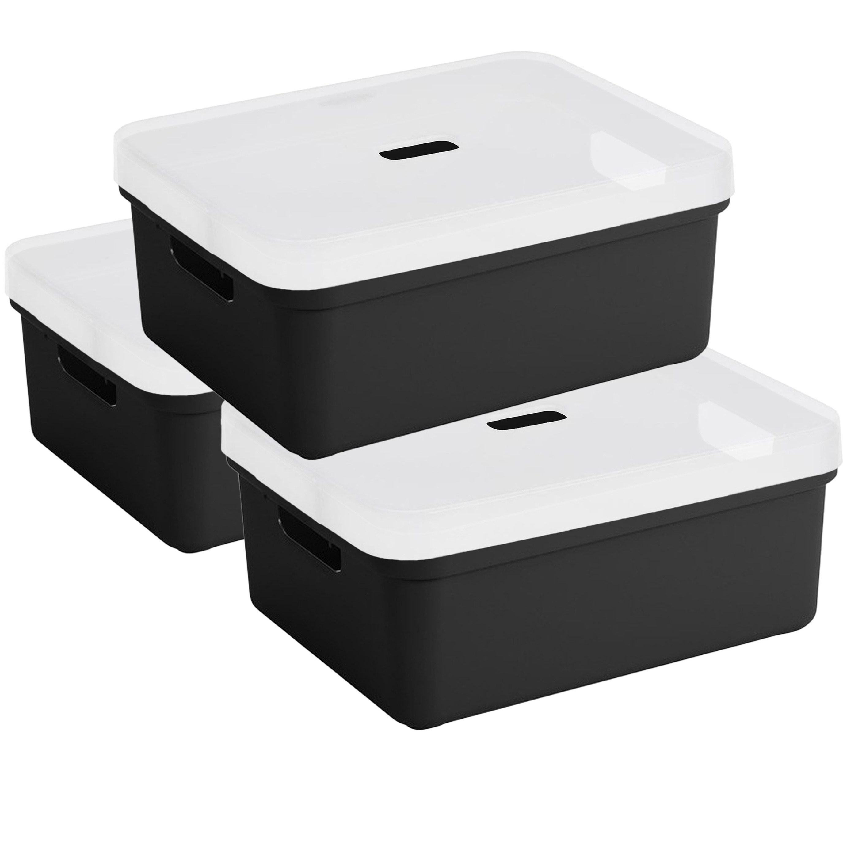 3x Sunware opbergbox-mand 24 liter zwart kunststof met transparante deksel