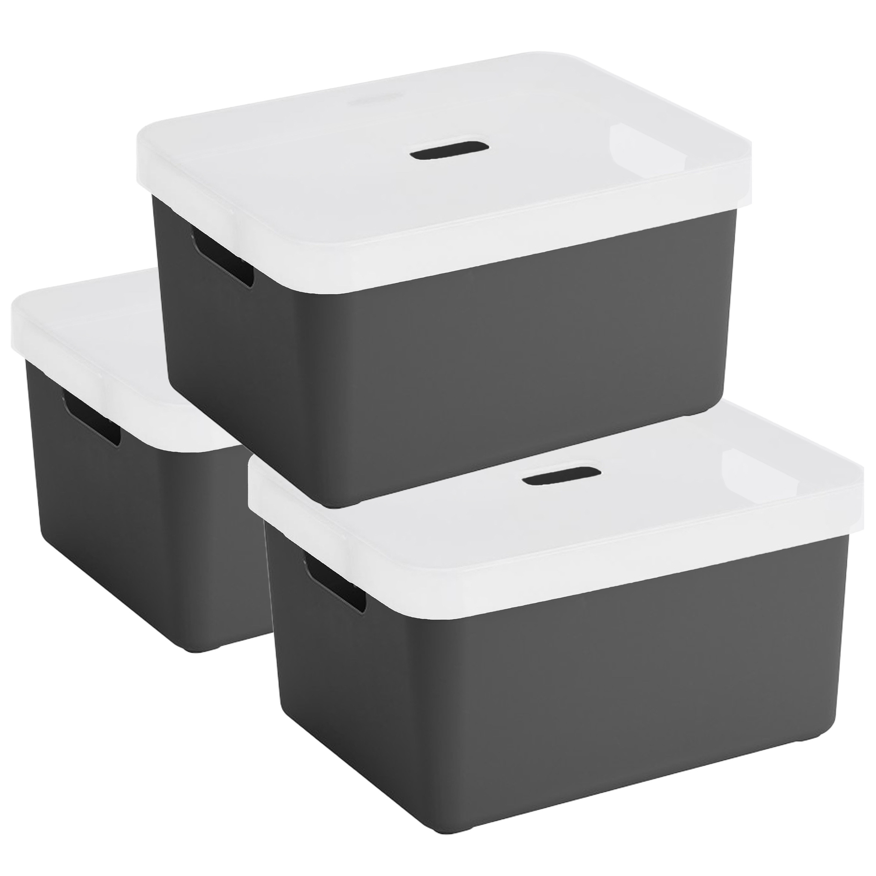 3x Sunware opbergbox-mand 32 liter antraciet grijs kunststof met transparante deksel