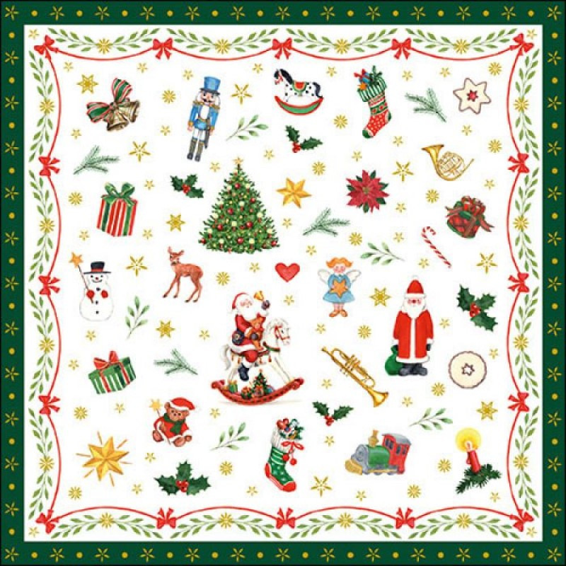 40x stuks kerstdiner-kerst thema servetten met kerstfiguren 33 x 33 cm groen