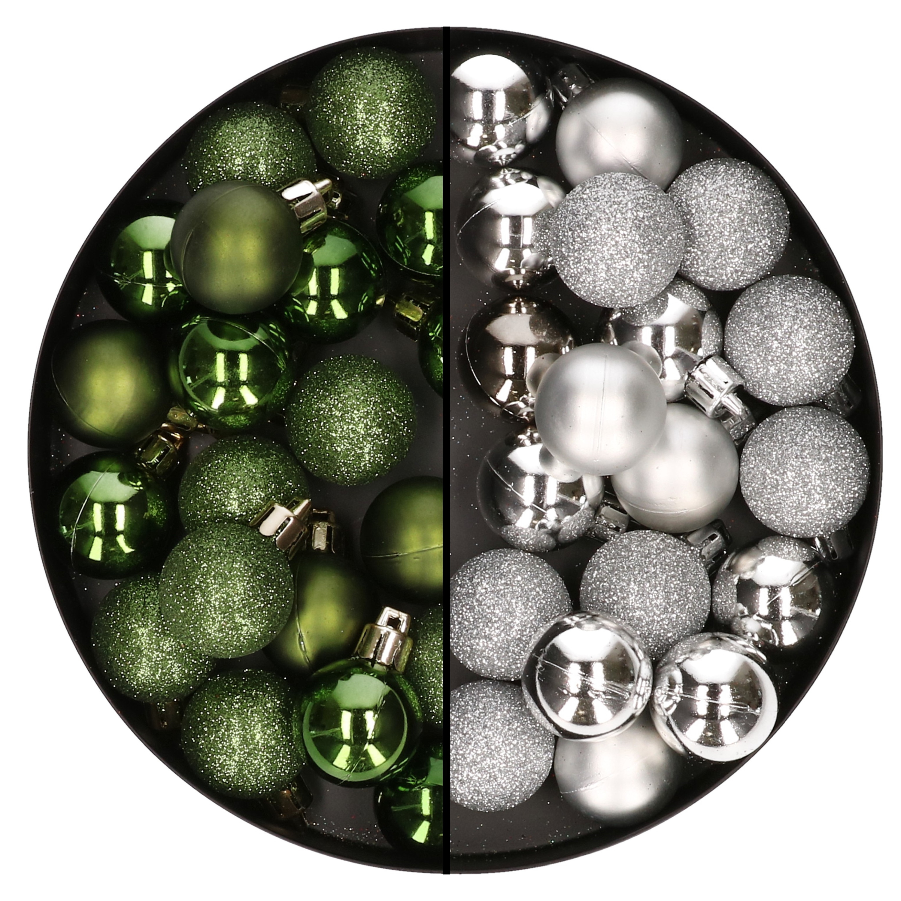 40x stuks kleine kunststof kerstballen groen en zilver 3 cm