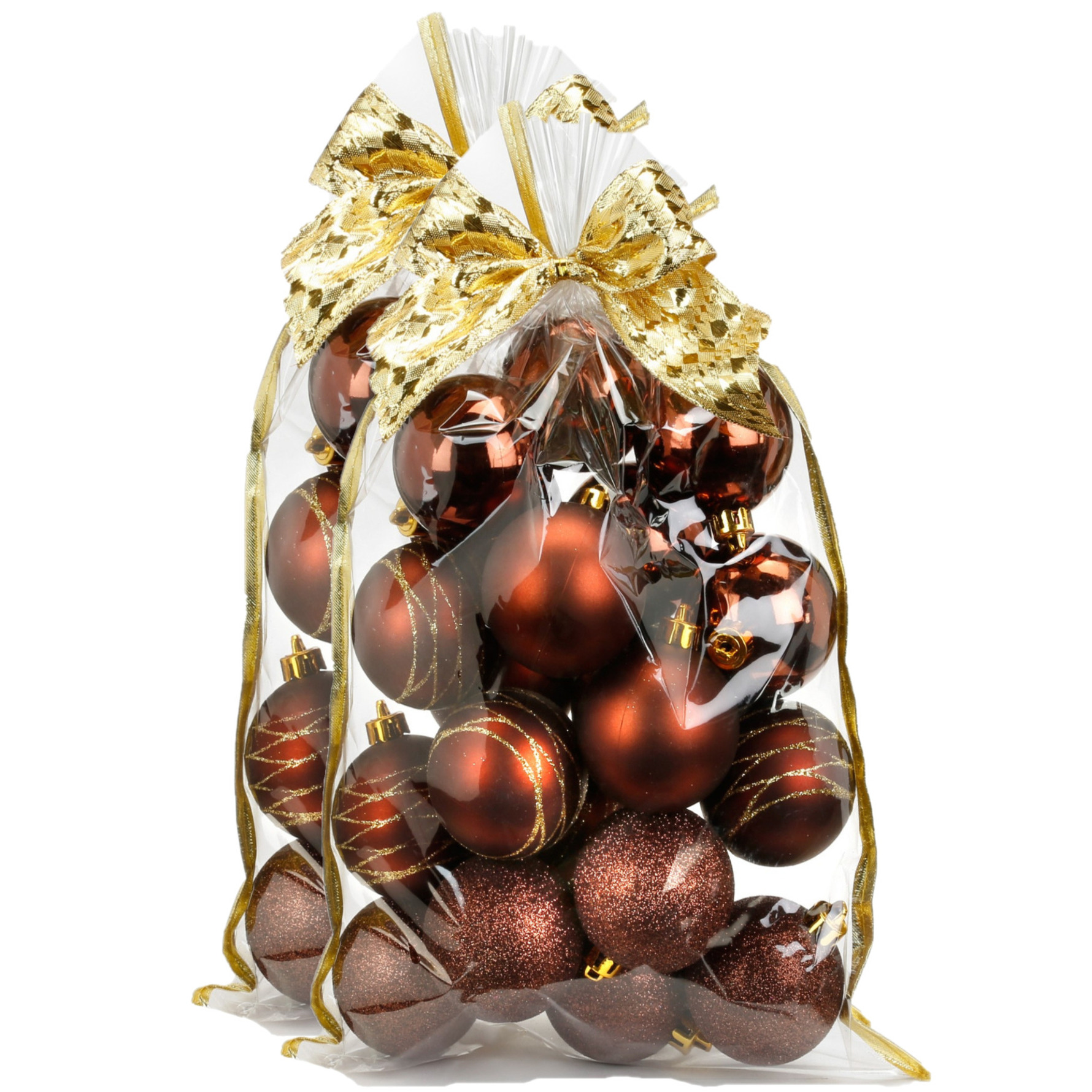 40x stuks kunststof/plastic kerstballen bruin mix 6 cm in giftbag - Kerstboomversiering/kerstversiering