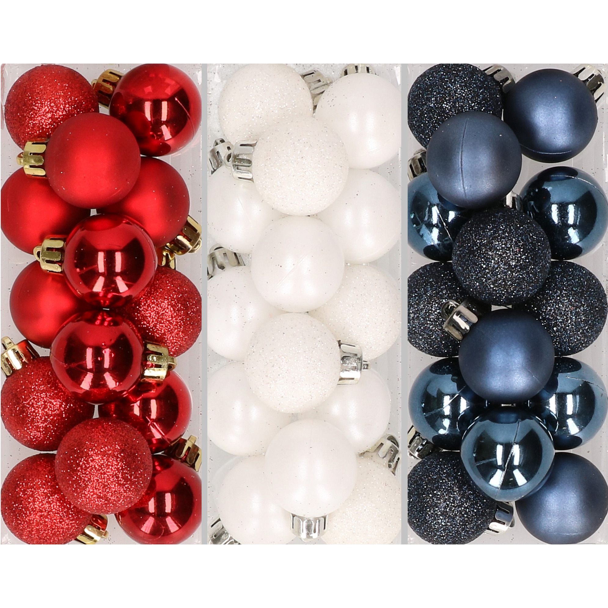 42x stuks kleine kunststof kerstballen mix rood, wit en blauw 3 cm