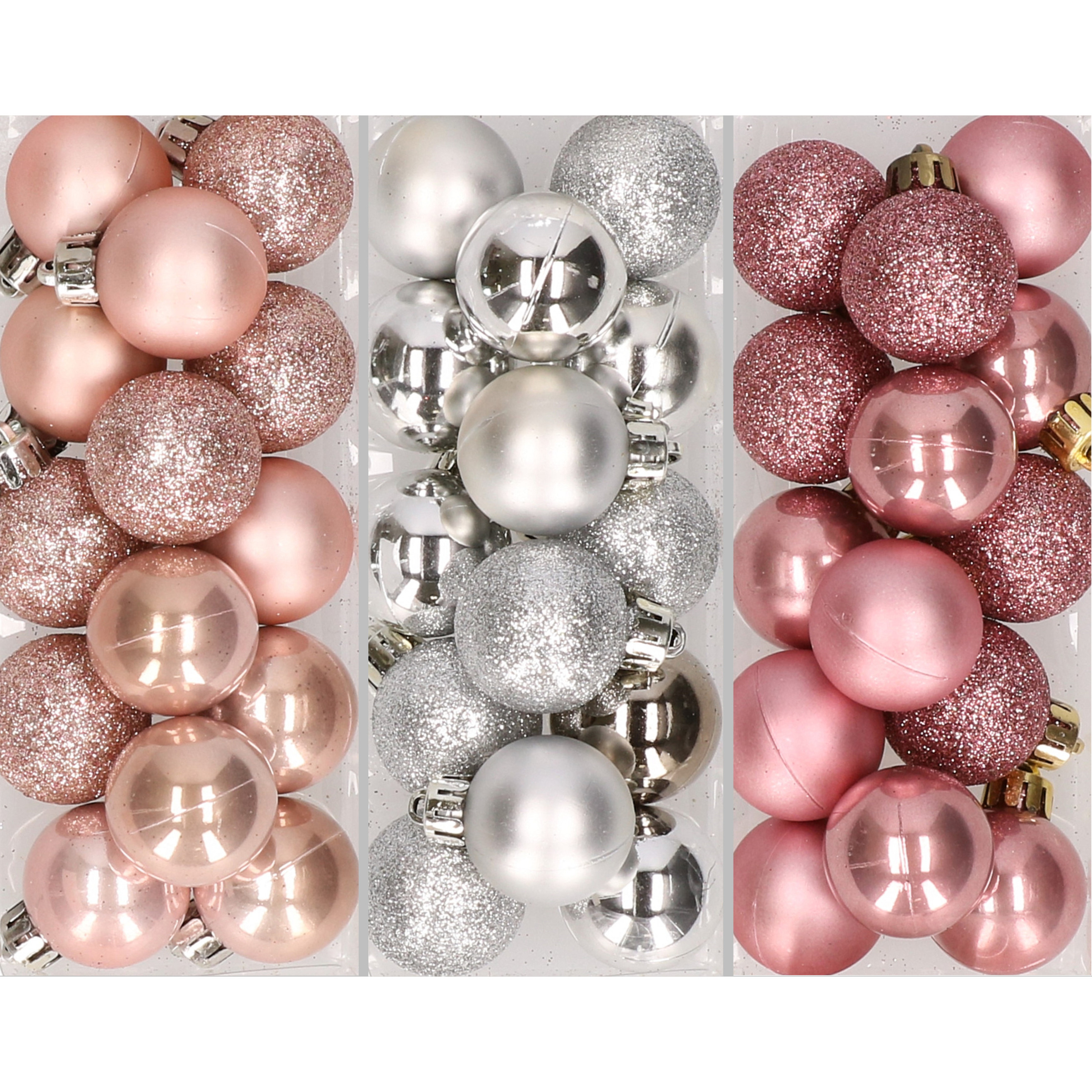42x Stuks kunststof kerstballen mix zilver-lichtroze-oud roze 3 cm
