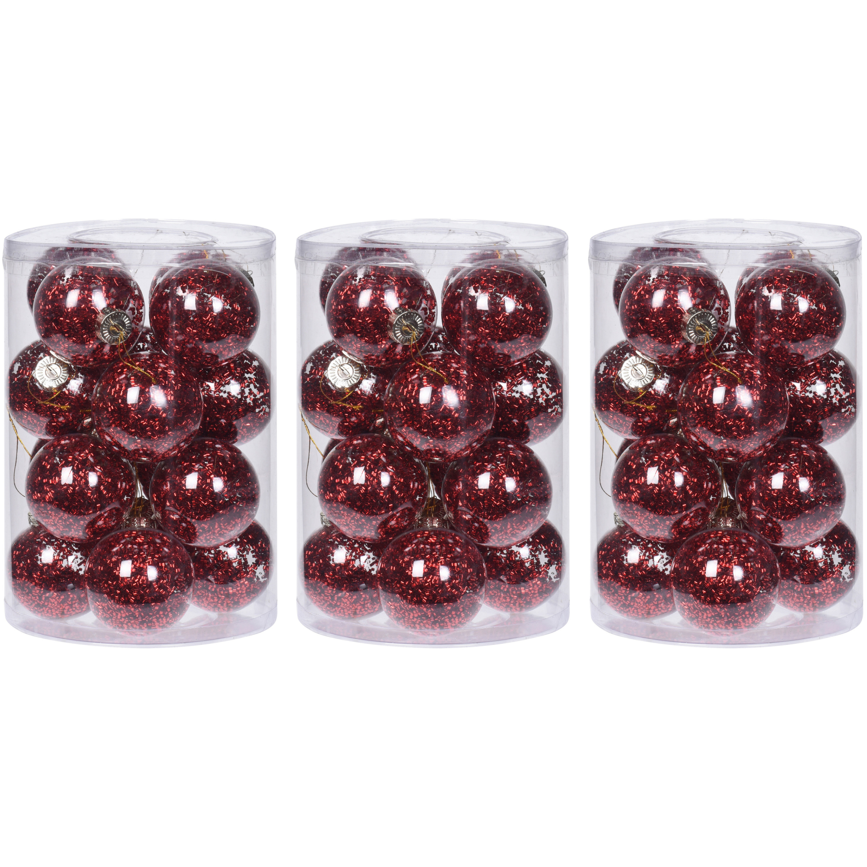 48x Doorzichtige kunststof kerstballen met rode decoratie 8 cm