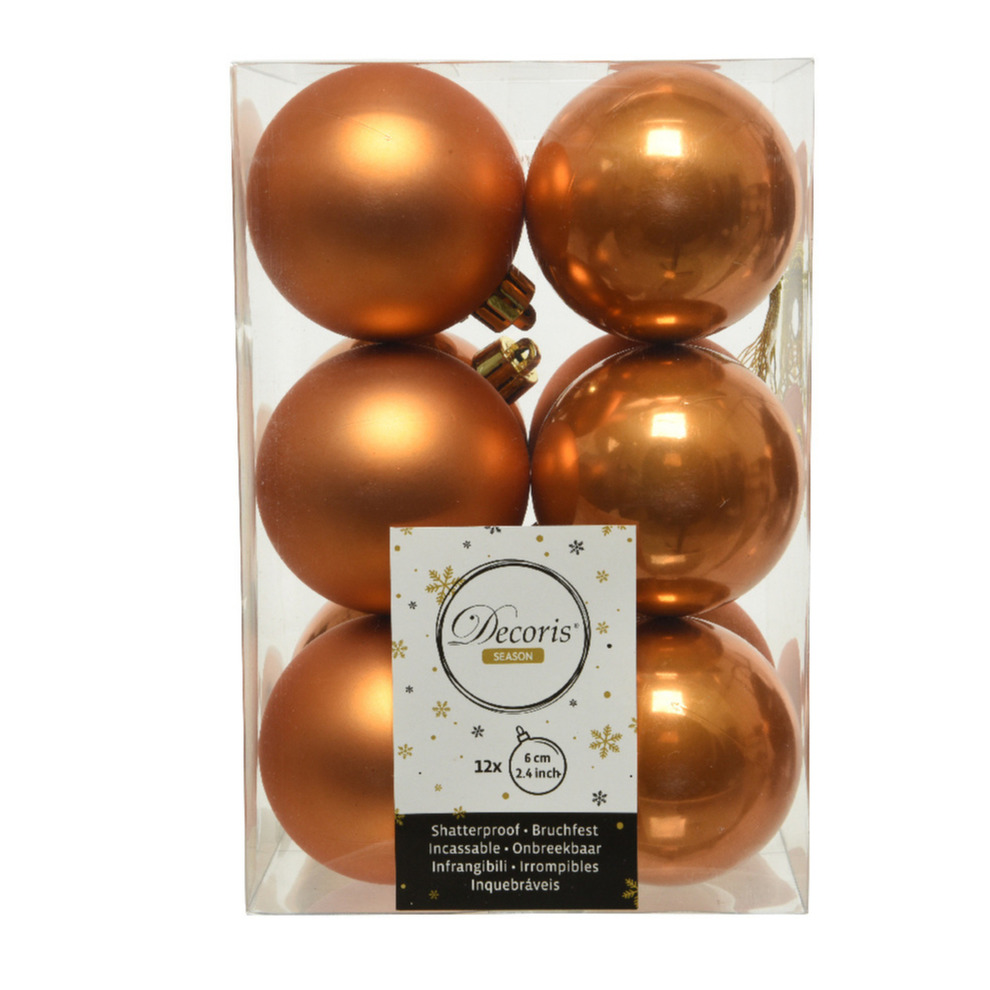 48x stuks kunststof kerstballen cognac bruin (amber) 6 cm glans-mat