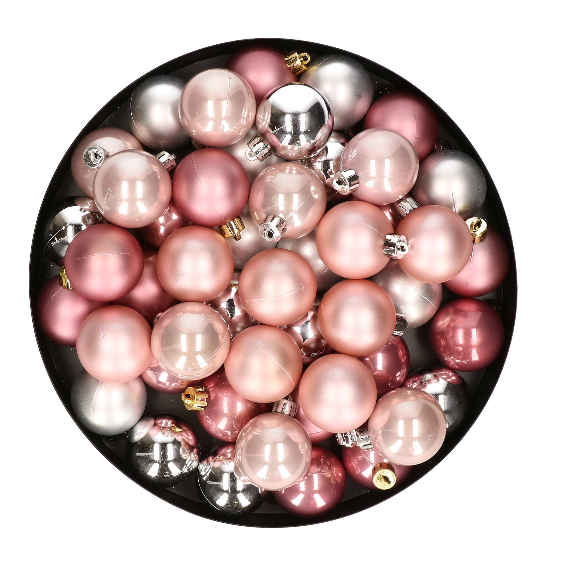 48x Stuks kunststof kerstballen mix zilver-lichtroze-oud roze 4 cm