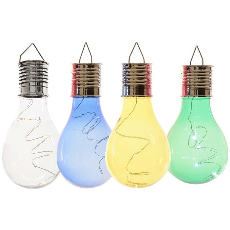 4x Buiten LED wit-blauw-groen-geel peertjes solar lampen 14 cm