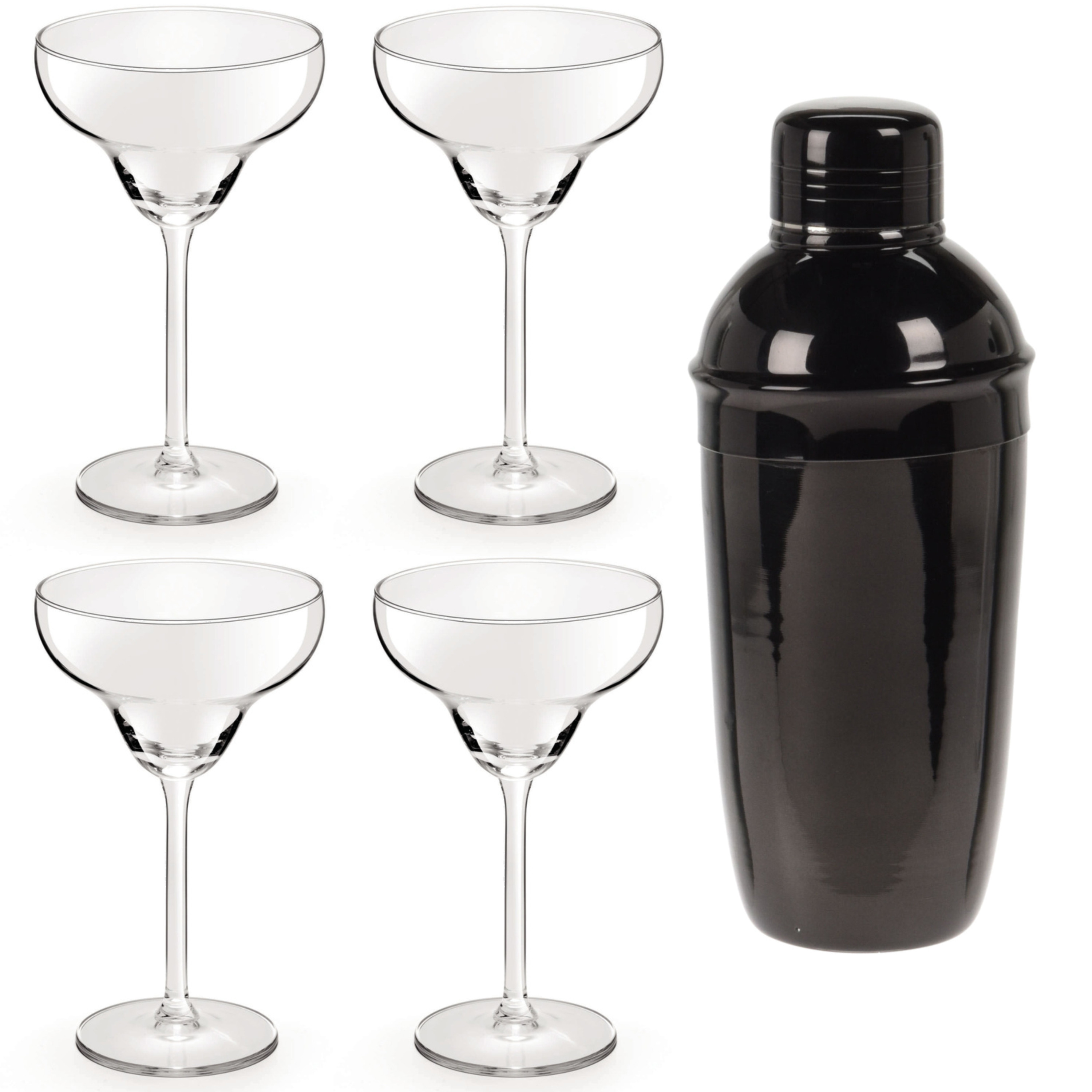 4x Cocktailglazen-Margarita glazen transparant 300 ml + Cocktailshaker zwart 500 ml RVS