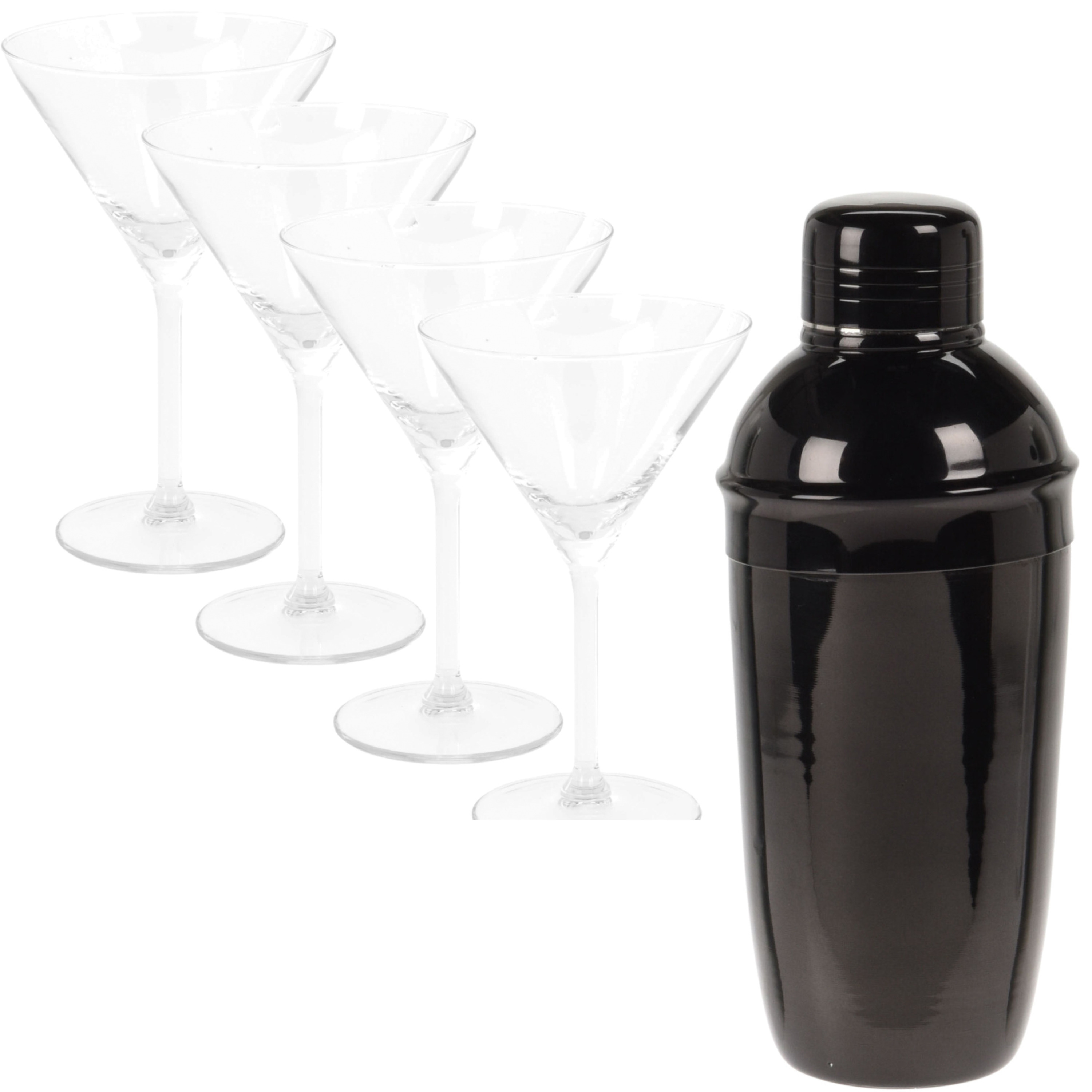 4x Cocktailglazen-martiniglazen 260 ml + cocktailshaker zwart 500 ml RVS