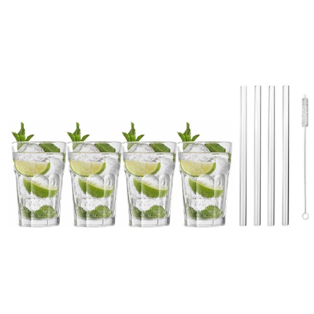 4x Cocktailglazen-Mojito glazen transparant 410 ml met glazen rietjes
