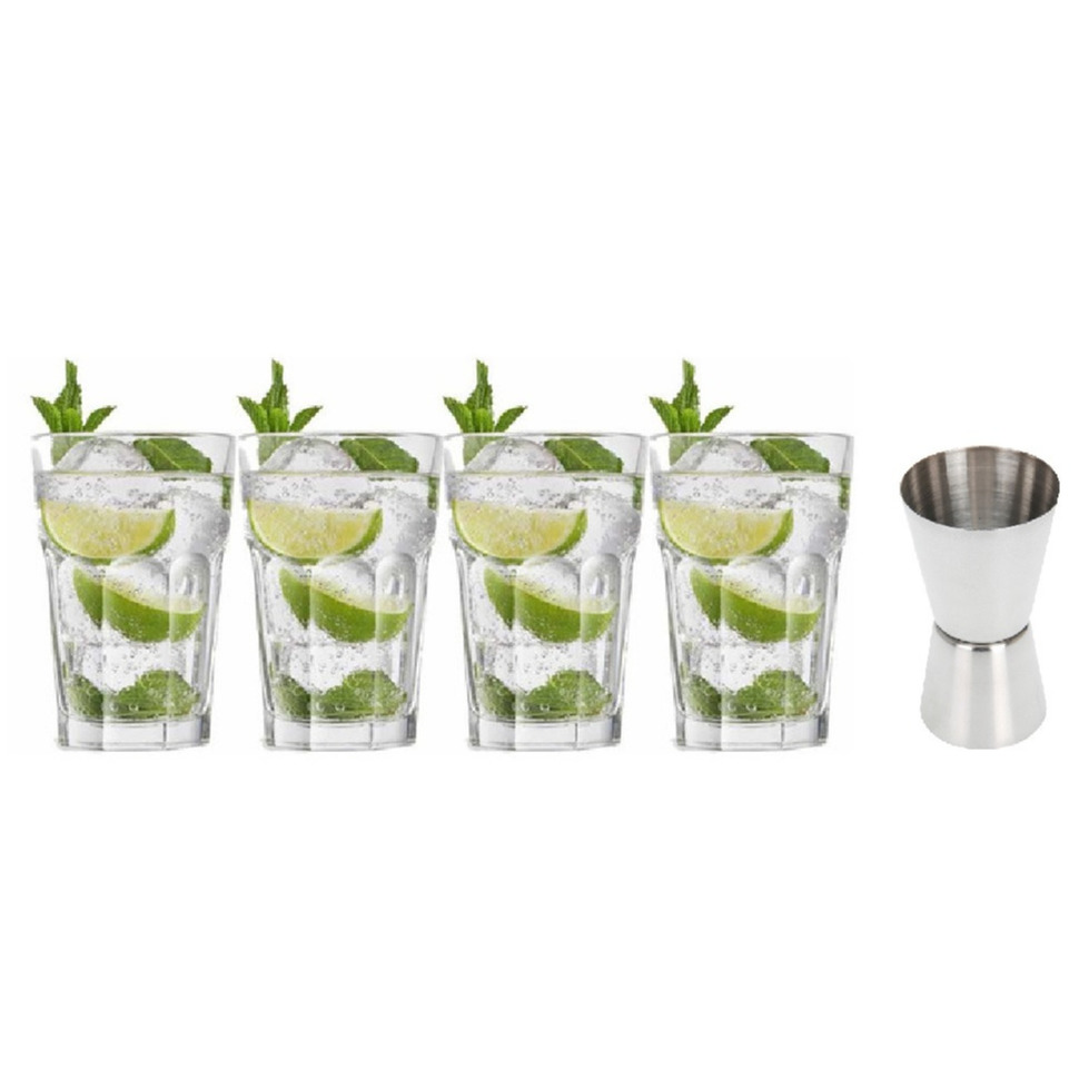 4x Cocktailglazen / Mojito glazen transparant 410 ml met RVS maatbeker / barmaatje -