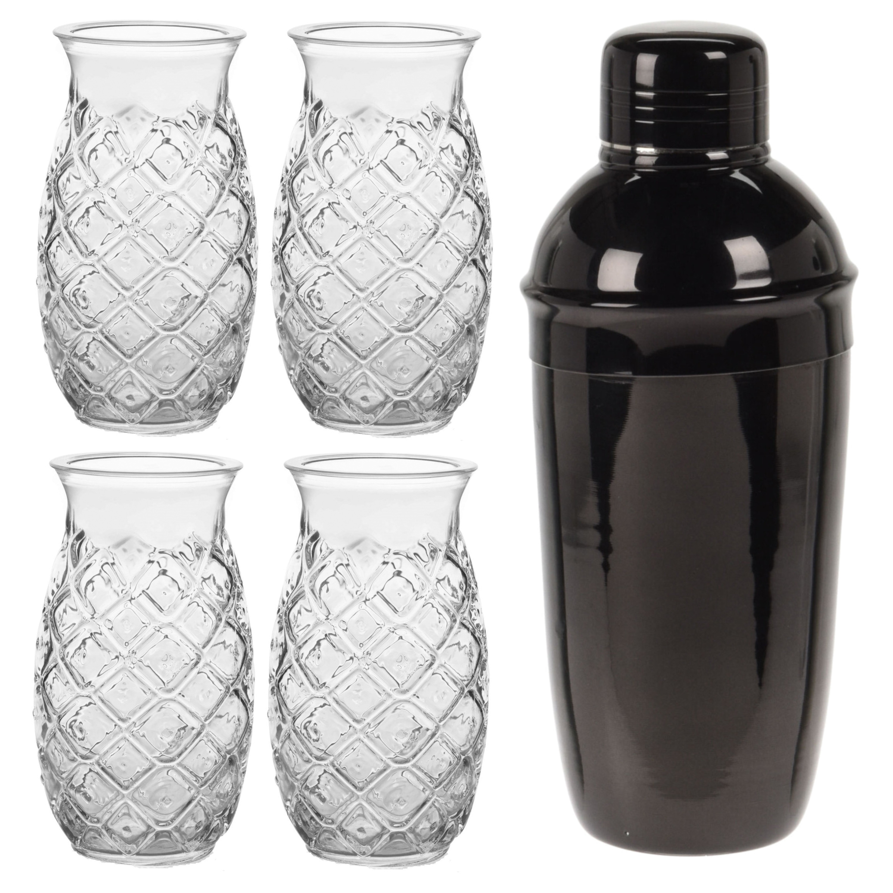 4x Cocktailglazen-Pina Colada glazen transparant 500 ml + Cocktailshaker zwart 500 ml RVS