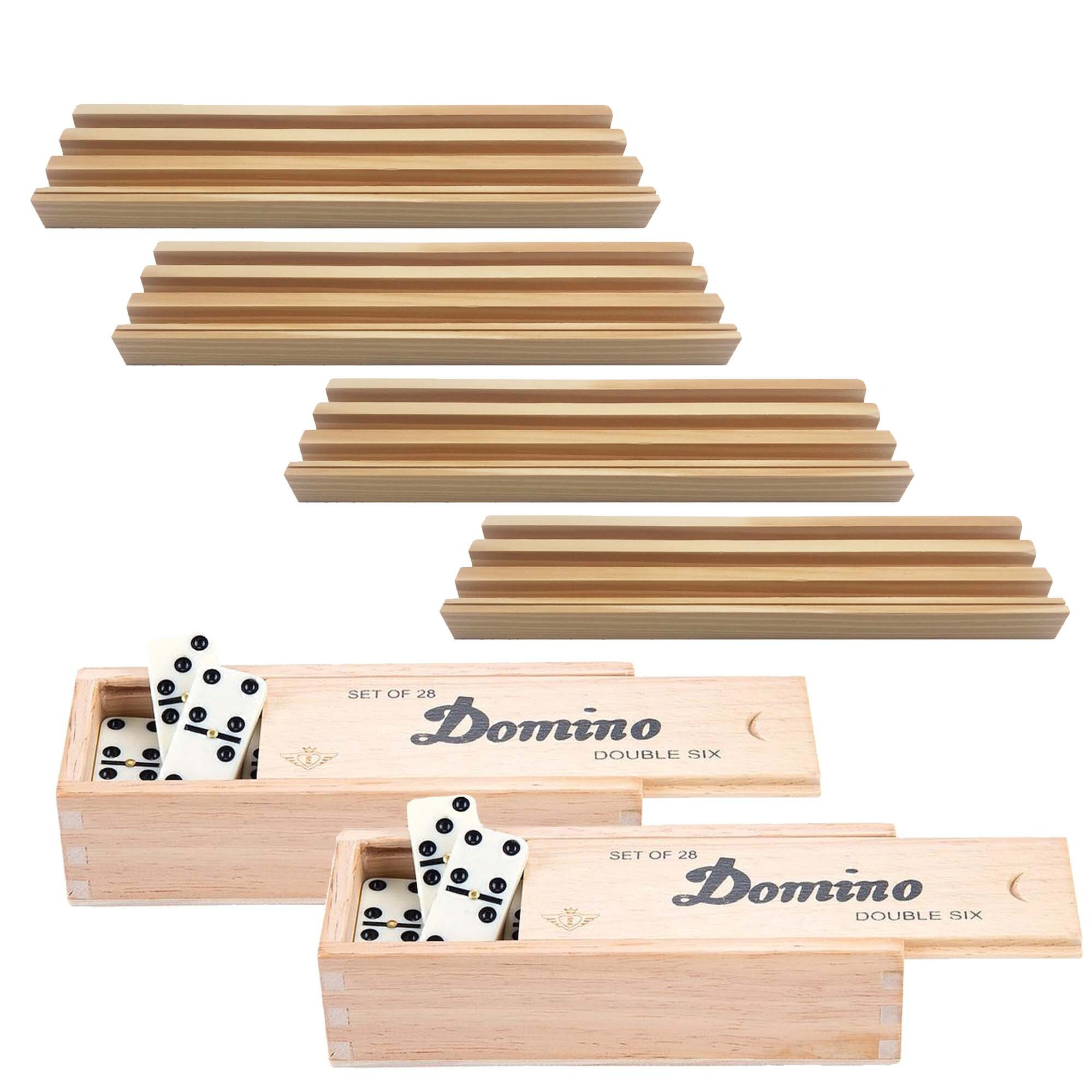 4x Dominostenenhouder met domino spel in houten doos 56x stenen - Kaarthouders - Standaarden