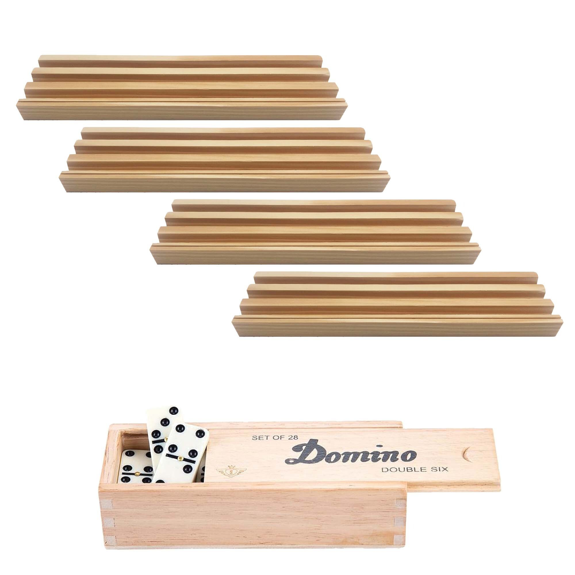 4x Dominostenenhouder met domino spel in houten doos 28x stenen - Kaarthouders - Standaarden