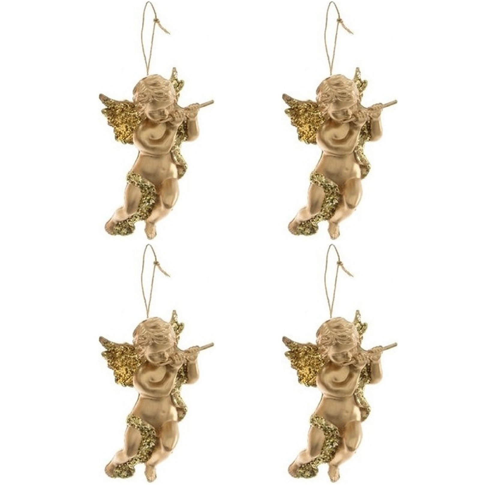 4x Gouden engel met dwarsfluit kerstversiering hangdecoraties 10 cm