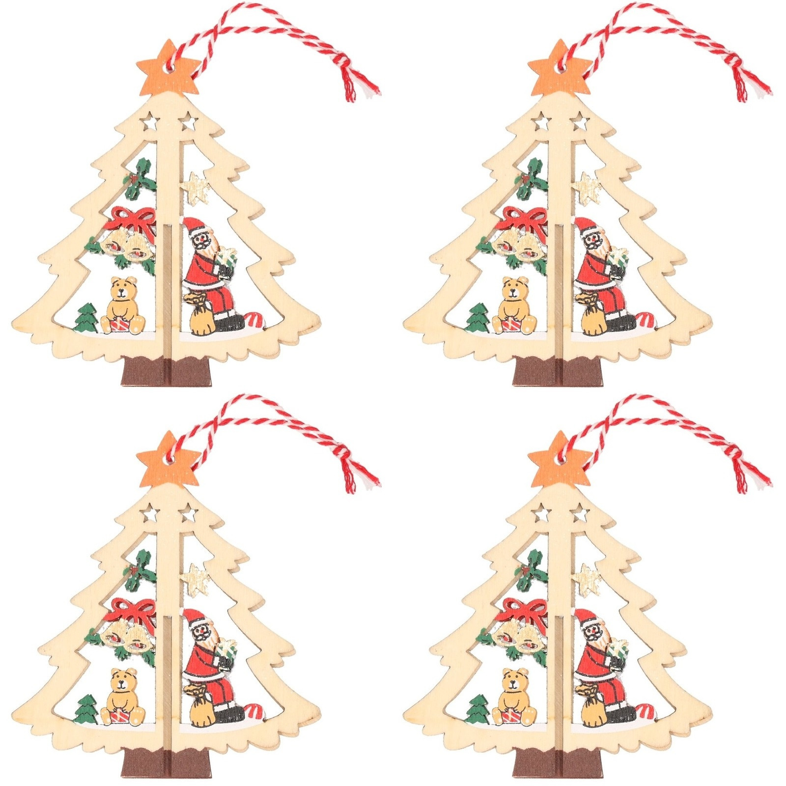 4x Houten bomen met kerstman kerstversiering hangdecoratie 10 cm