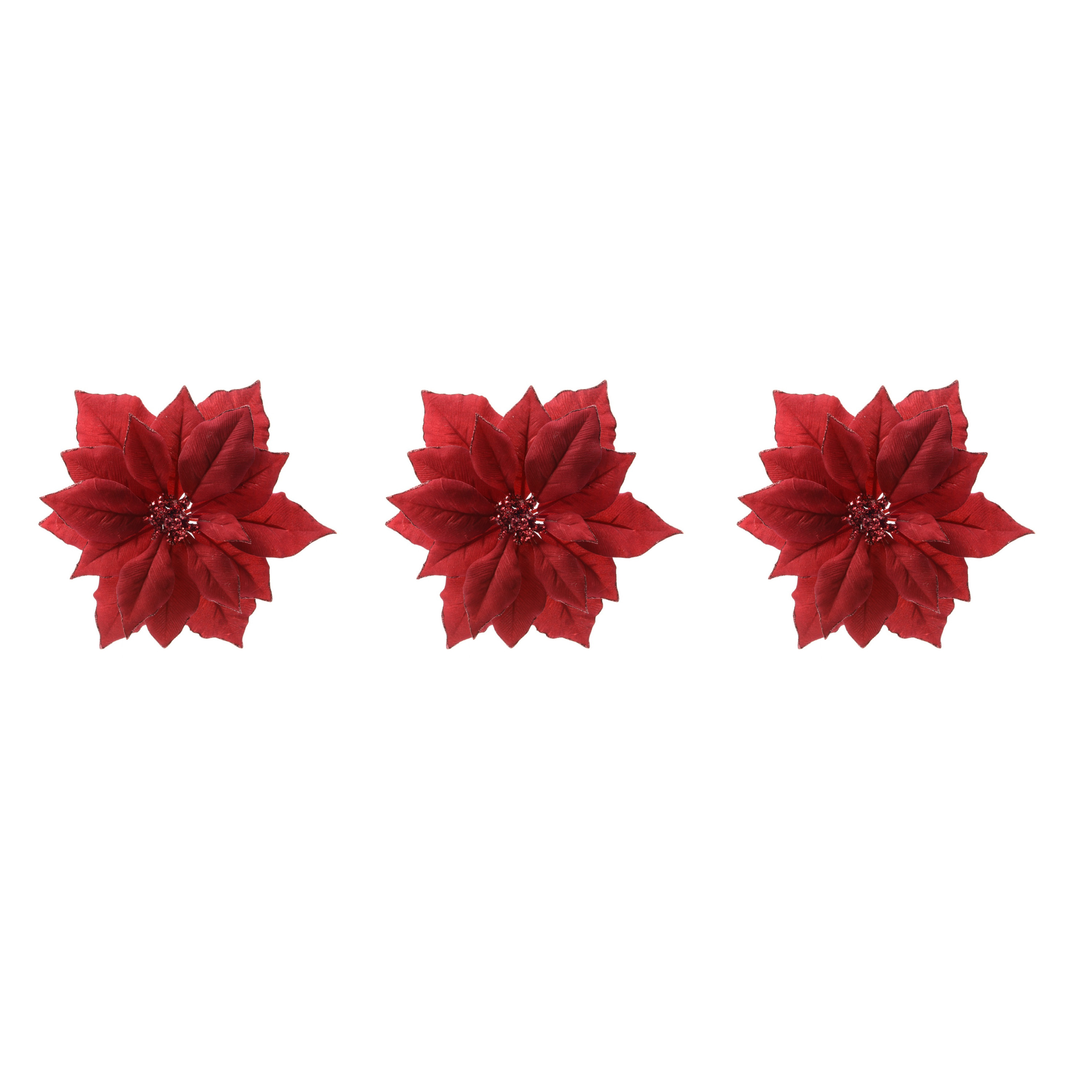 4x stuks decoratie bloemen kerstster rood glitter op clip 24 cm