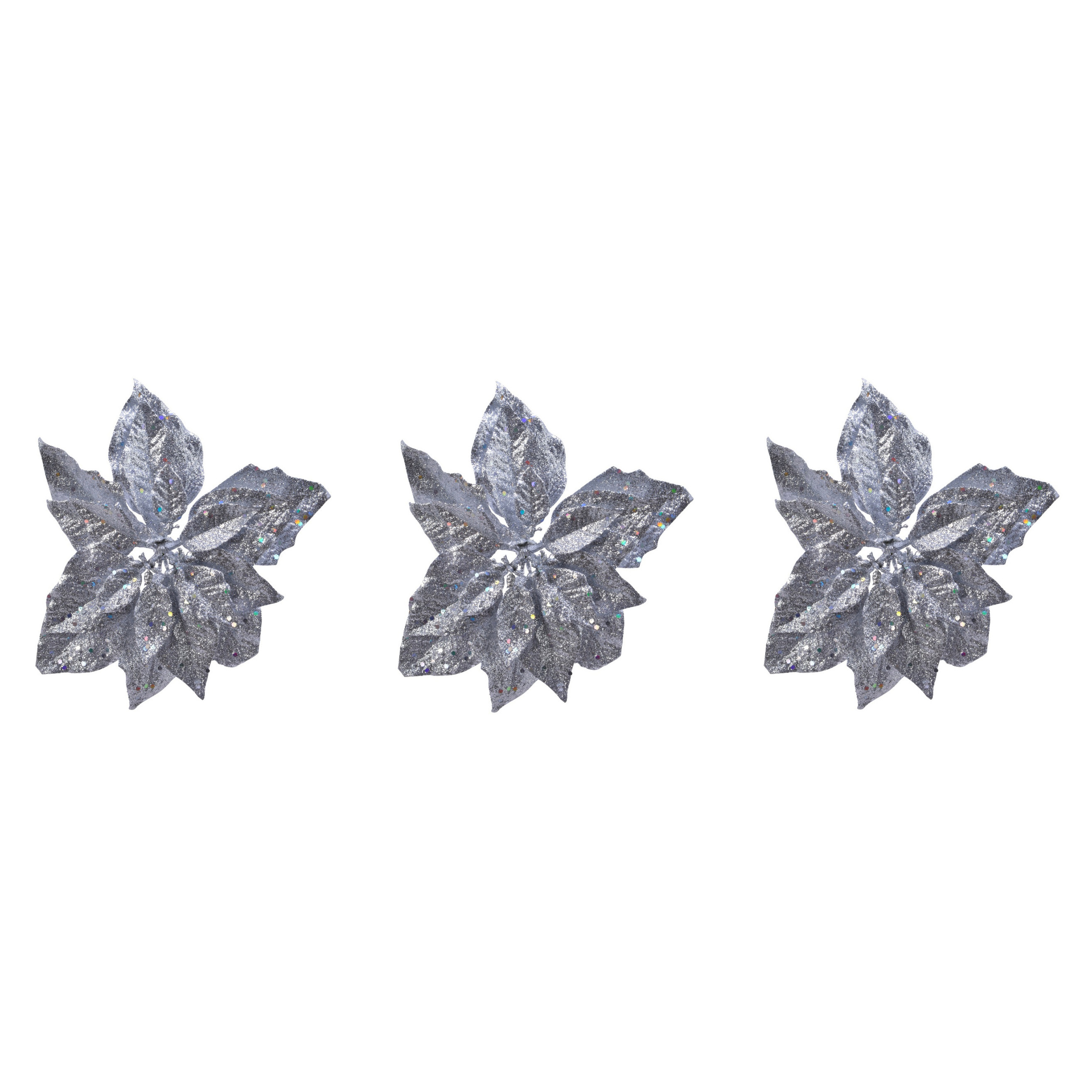 4x stuks decoratie bloemen kerstster zilver glitter op clip 23 cm
