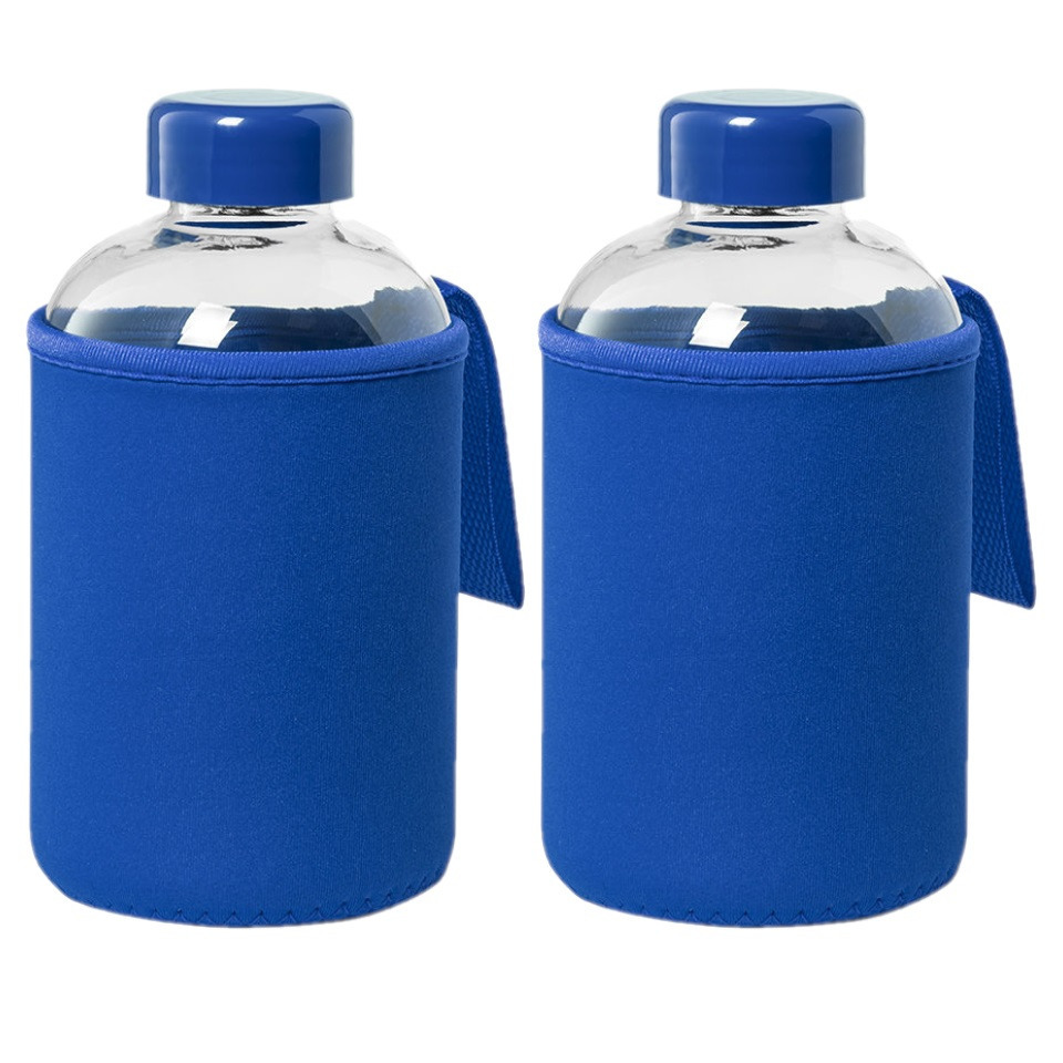 4x Stuks glazen waterfles-drinkfles met blauwe softshell bescherm hoes 600 ml