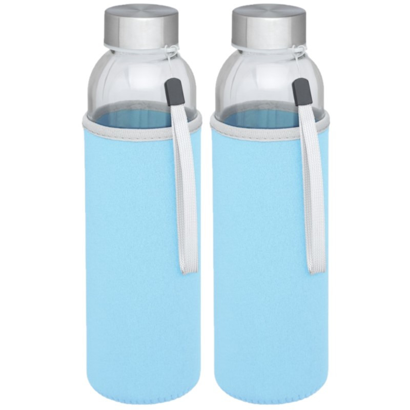 4x stuks glazen waterfles-drinkfles met lichtblauwe softshell bescherm hoes 500 ml