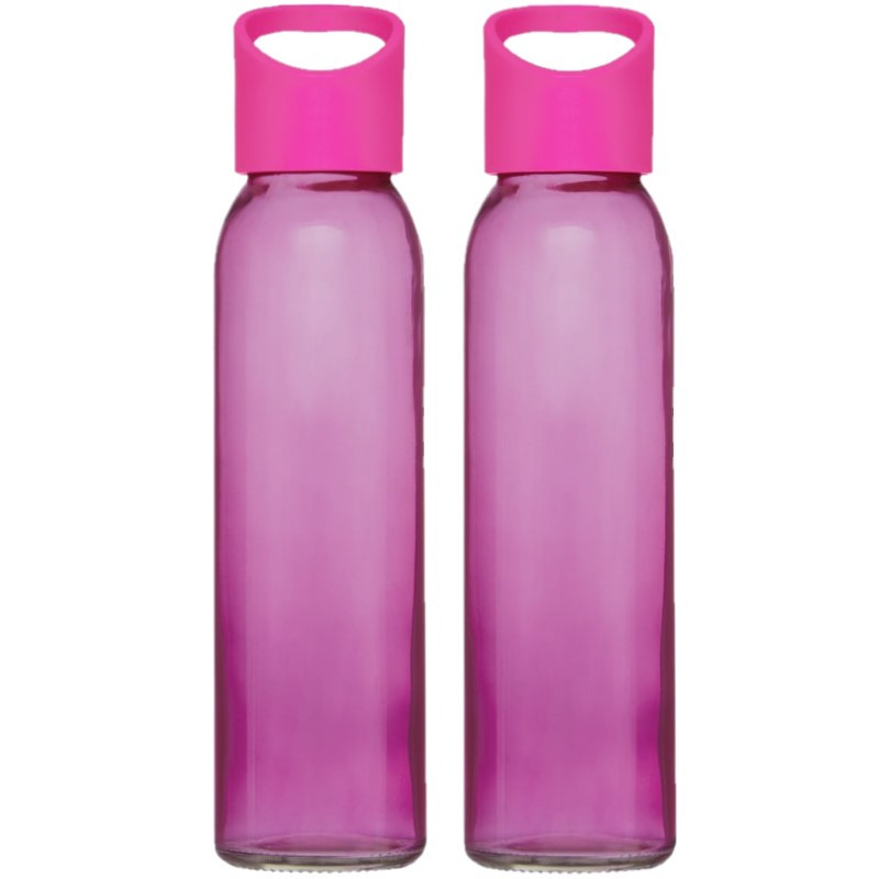 4x stuks glazen waterfles-drinkfles transparant roze met schroefdop met handvat 500 ml