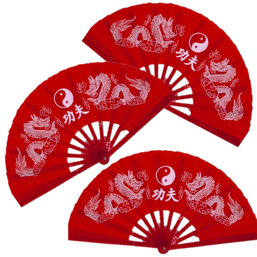 4x stuks handwaaiers/Tai Chi waaiers Yin Yang rood polyester