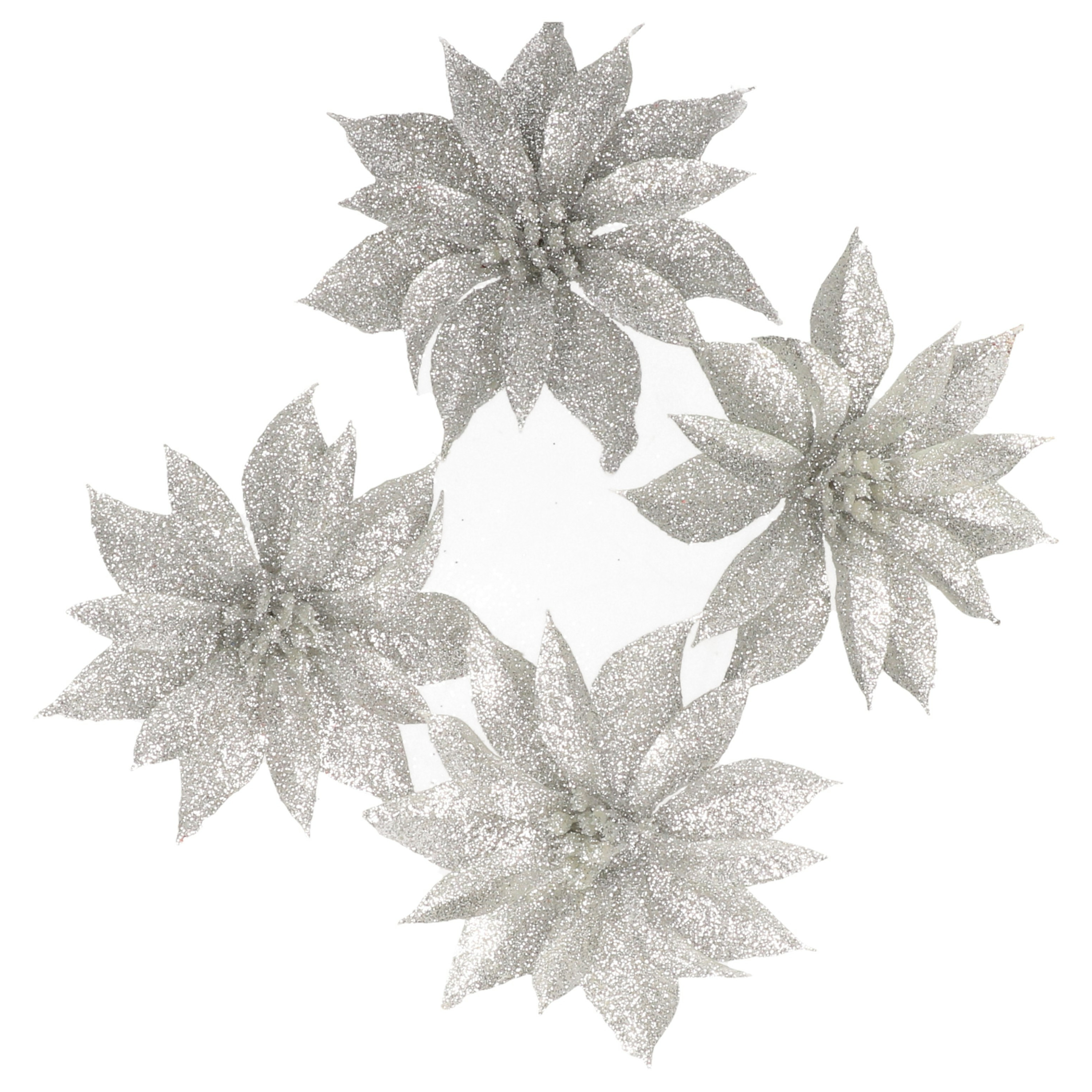 4x stuks kerstboom decoratie bloemen op clip zilver glitter 9.5 cm