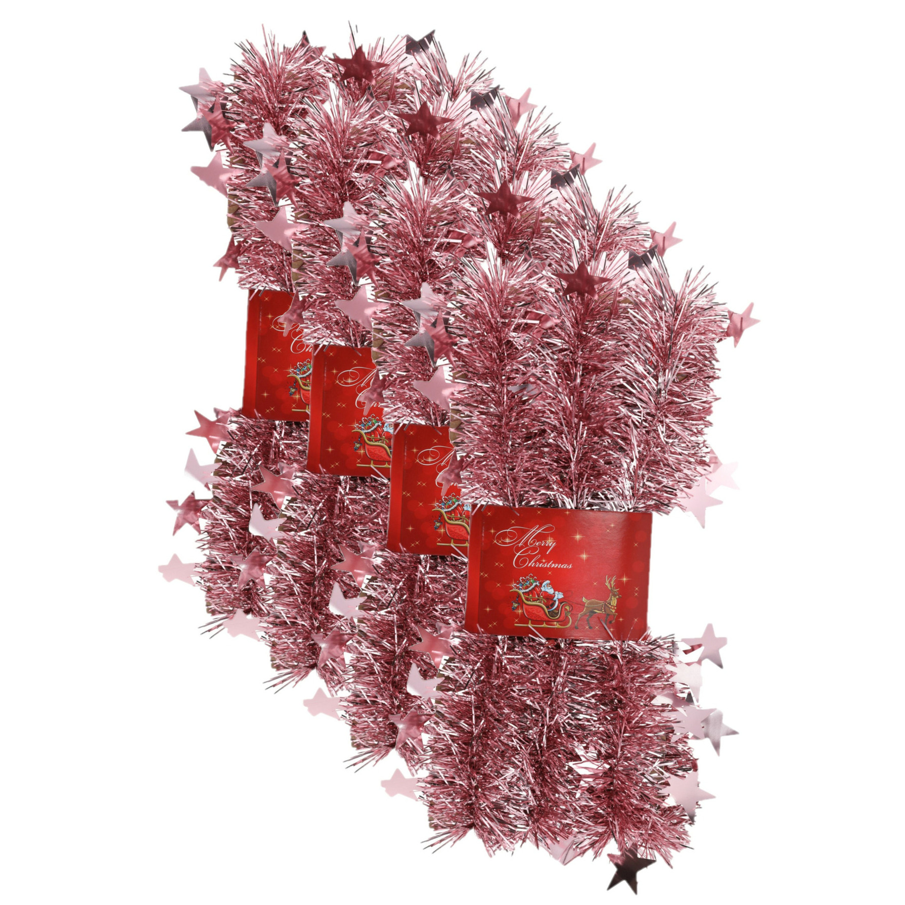 4x stuks lametta kerstslingers met sterretjes roze 200 x 6,5 cm -