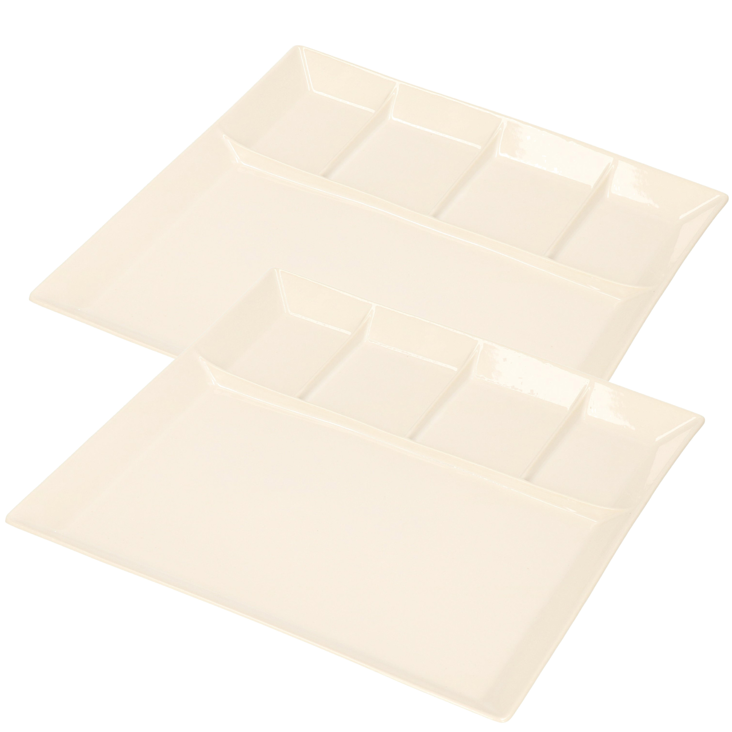 4x stuks wit fondue-gourmet bord 5-vaks vierkant aardewerk 24 cm