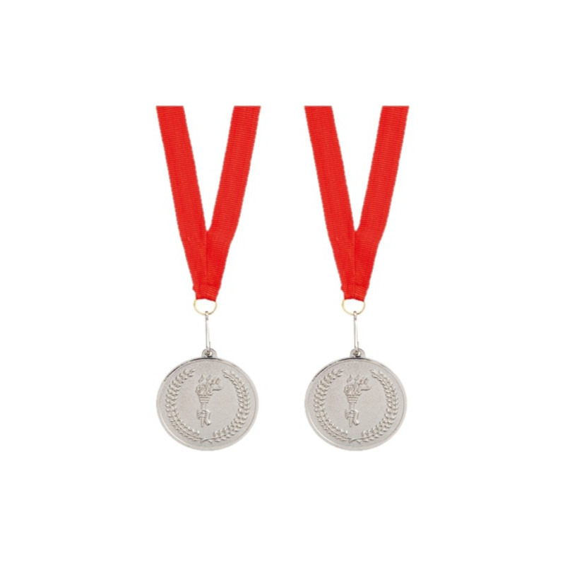 4x stuks zilveren medaille tweede prijs aan rood lint