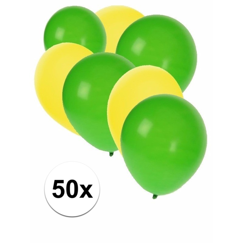 50x Ballonnen - 27 cm - geel / groene versiering -