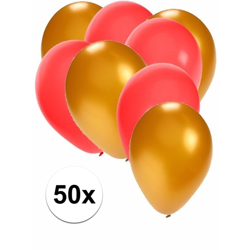 50x ballonnen - 27 cm - goud / rode versiering -
