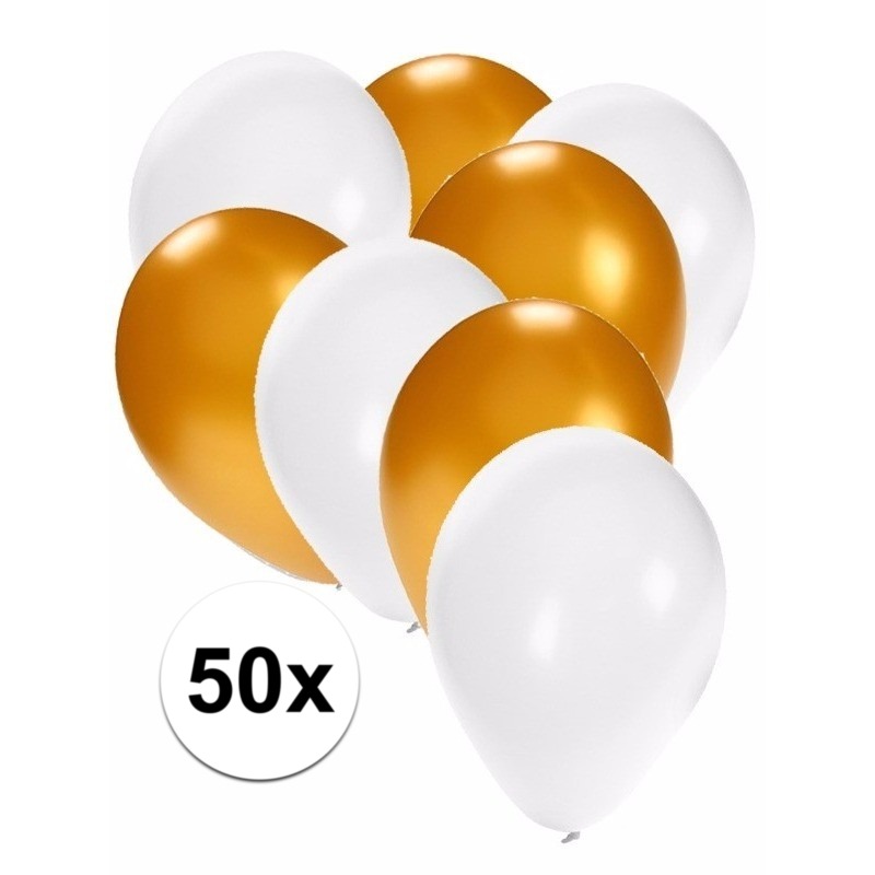 50x ballonnen 27 cm goud-witte versiering
