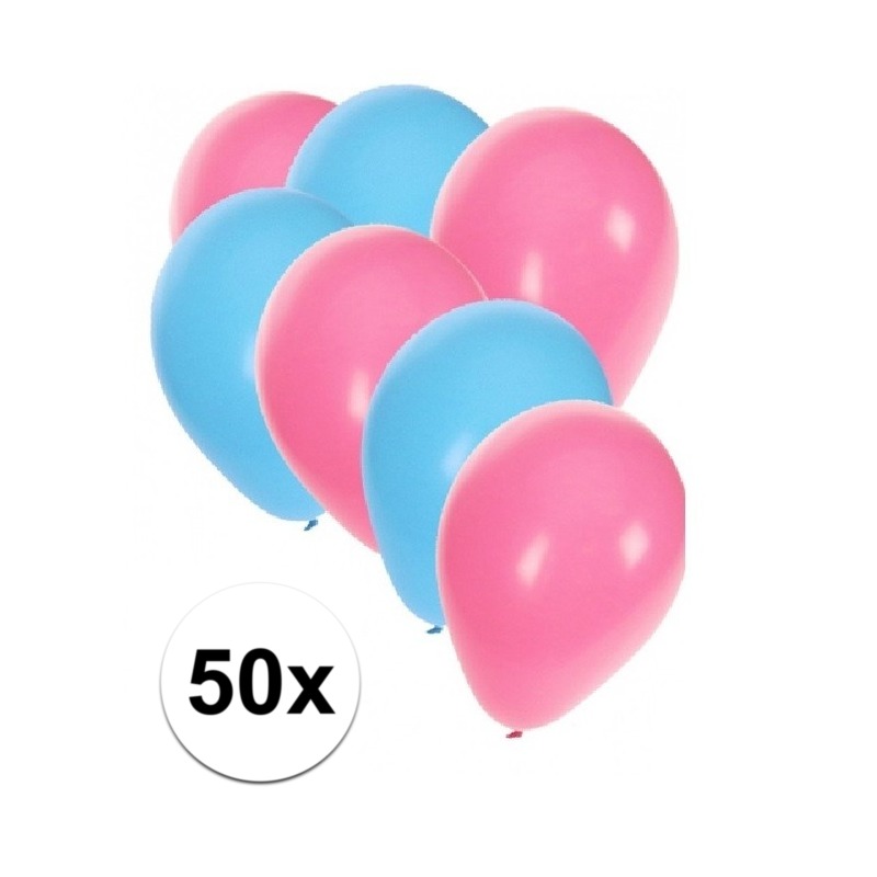 50x ballonnen - 27 cm - lichtblauw / lichtroze versiering -