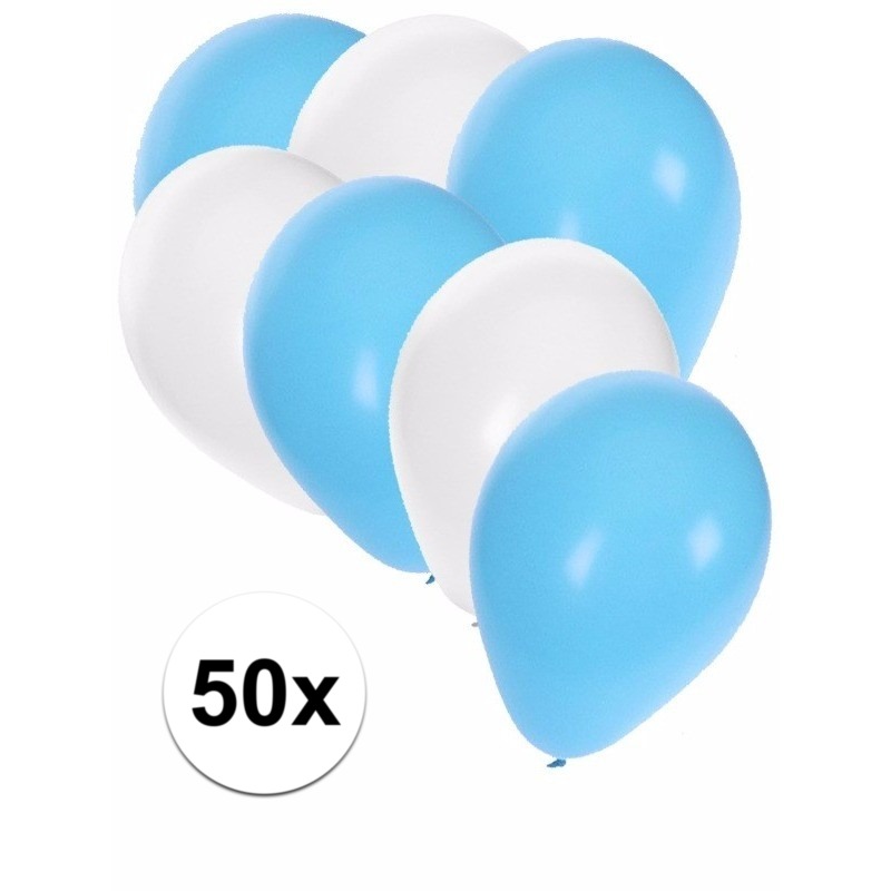 50x ballonnen - 27 cm - lichtblauw / witte versiering -
