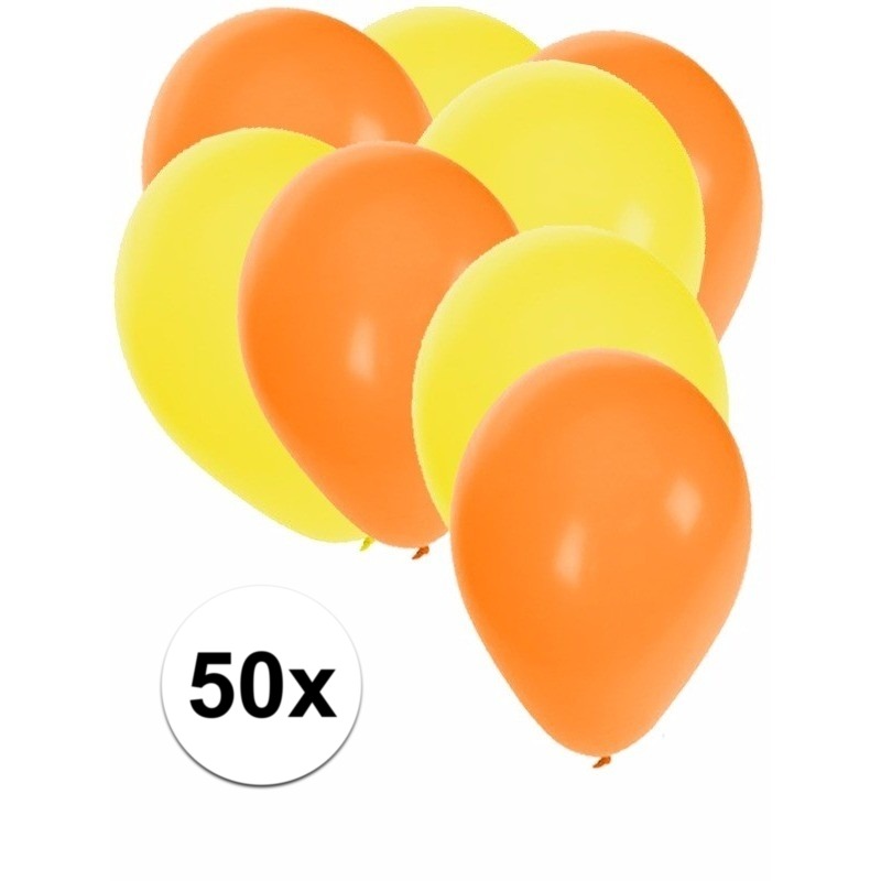 50x ballonnen - 27 cm - oranje / gele versiering -