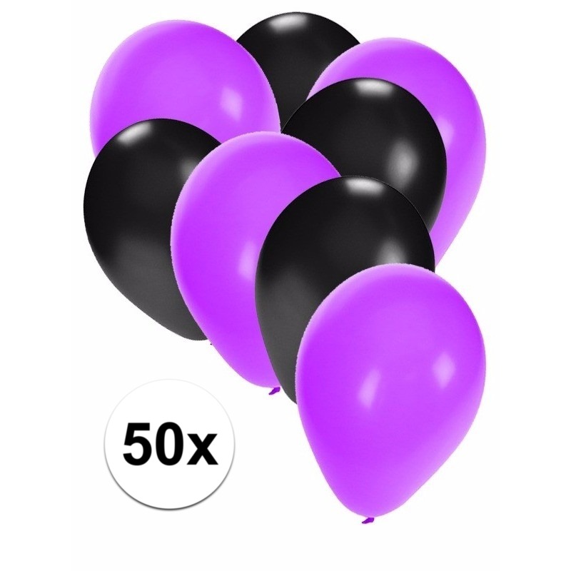 50x ballonnen 27 cm paars-zwarte versiering