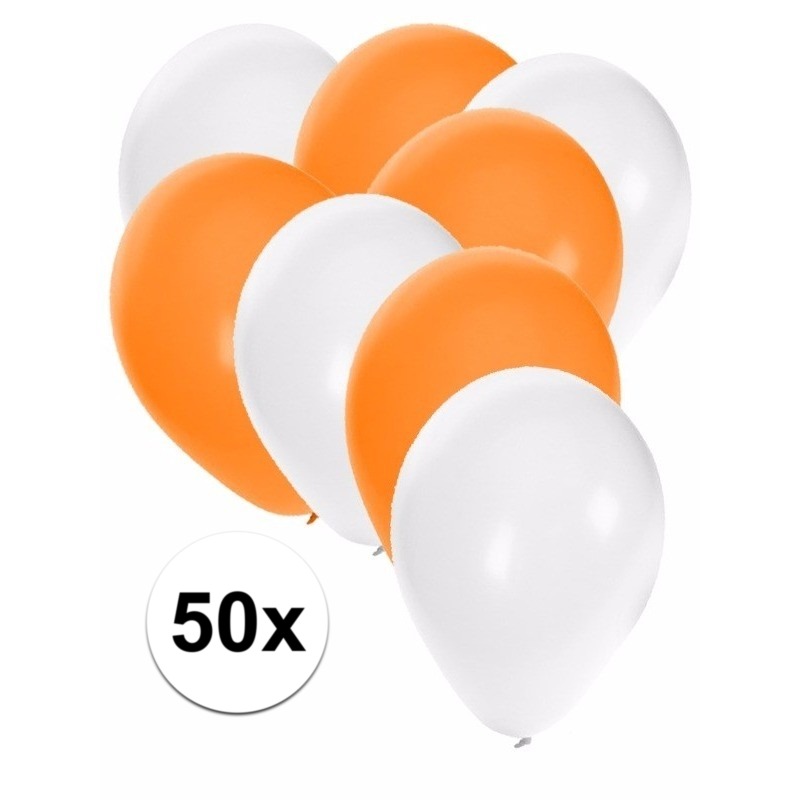 50x ballonnen / 27 cm - wit / oranje versiering -