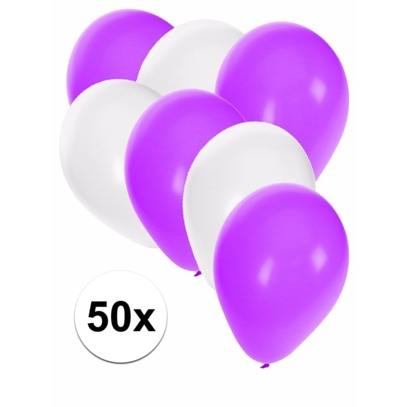 50x ballonnen - 27 cm - wit / paarse versiering -