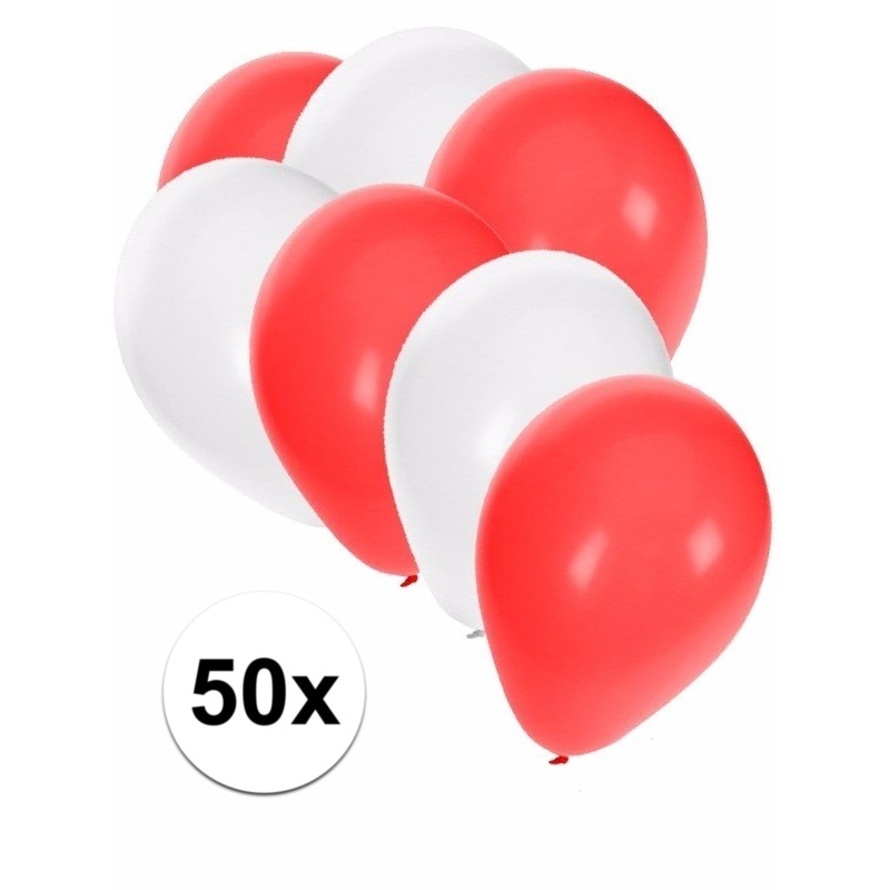 50x Ballonnen - 27 cm - wit / rode versiering -