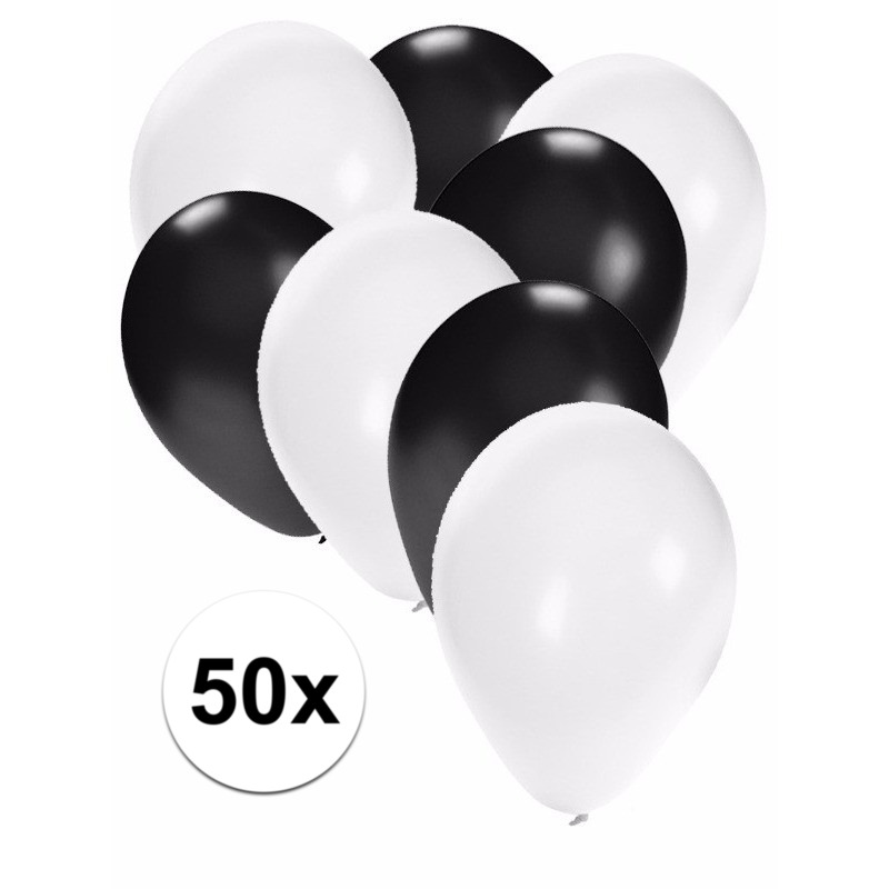 50x ballonnen - 27 cm - wit / zwarte versiering -