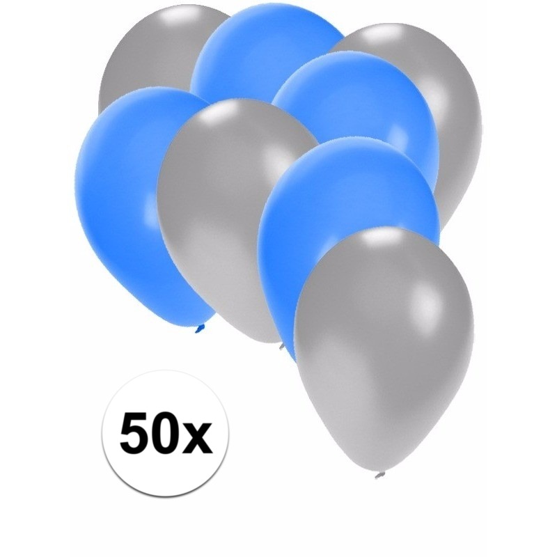 50x ballonnen - 27 cm - zilver / blauwe versiering -