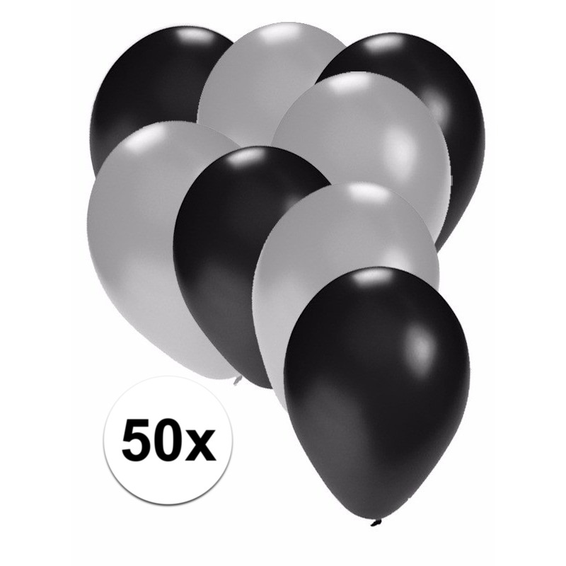 50x ballonnen - 27 cm - zilver / zwarte versiering -