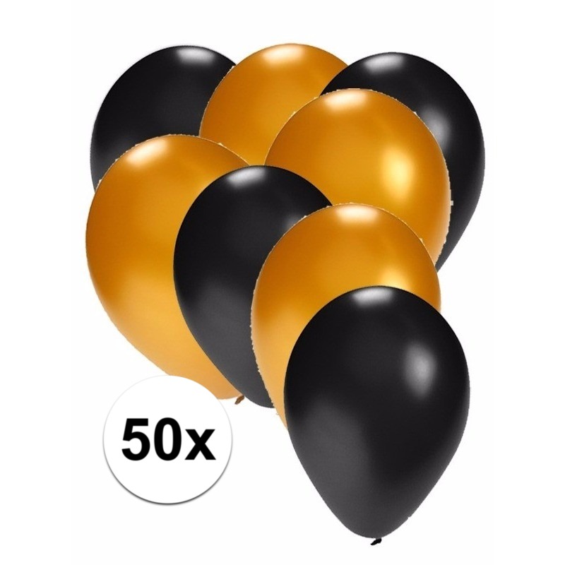 50x ballonnen - 27 cm - zwart / goud versiering -