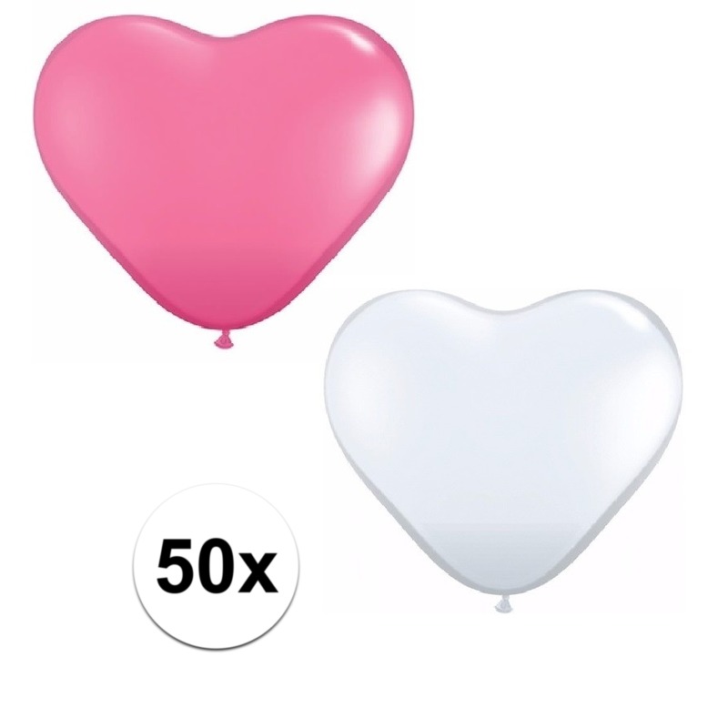 50x bruiloft ballonnen wit-roze hartjes versiering