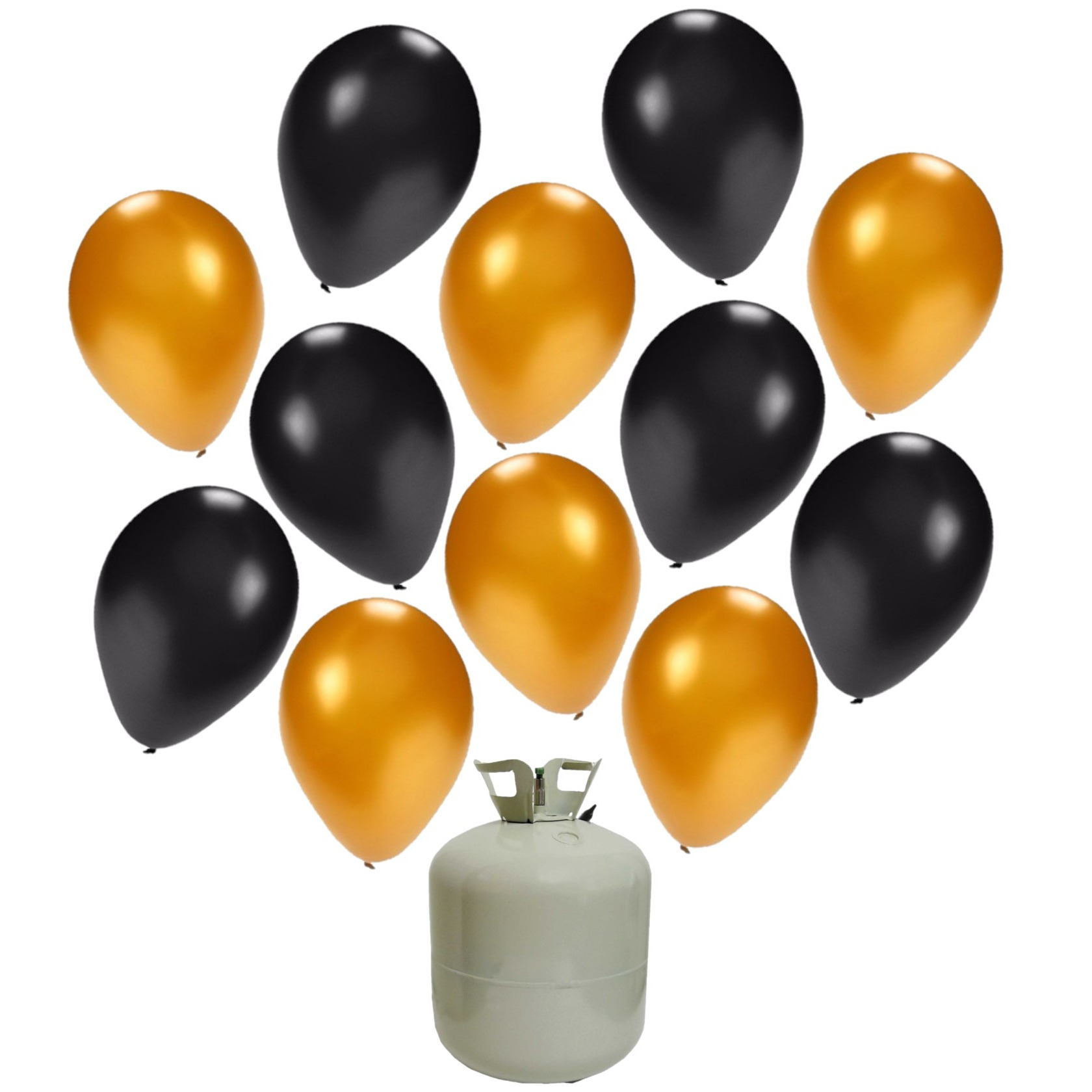 50x Helium ballonnen zwart/goud 27 cm + helium tank/cilinder