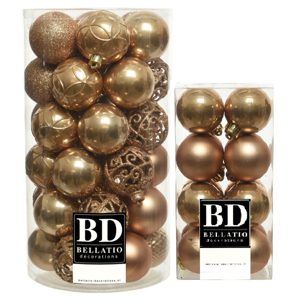53x stuks kunststof kerstballen camel bruin 4 en 6 cm glans-mat-glitter mix